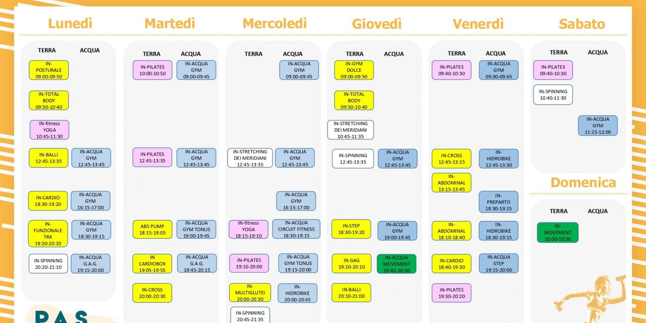 Palinsesto corsi collettivi fitness in acqua e palestra